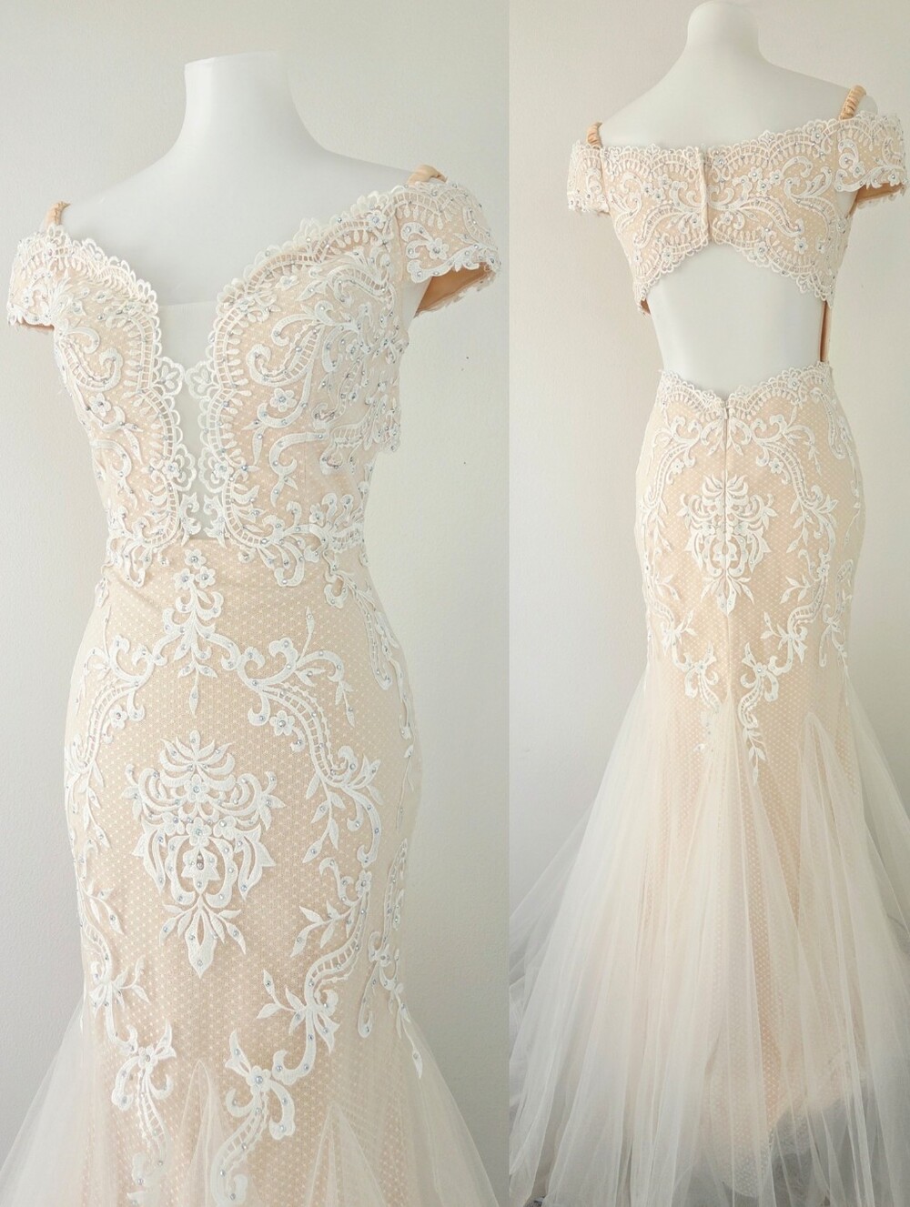 Camille La Vie Mermaid Tulle Lace Off The Shoulder Gown Cream Ivory Bridal Sz 4